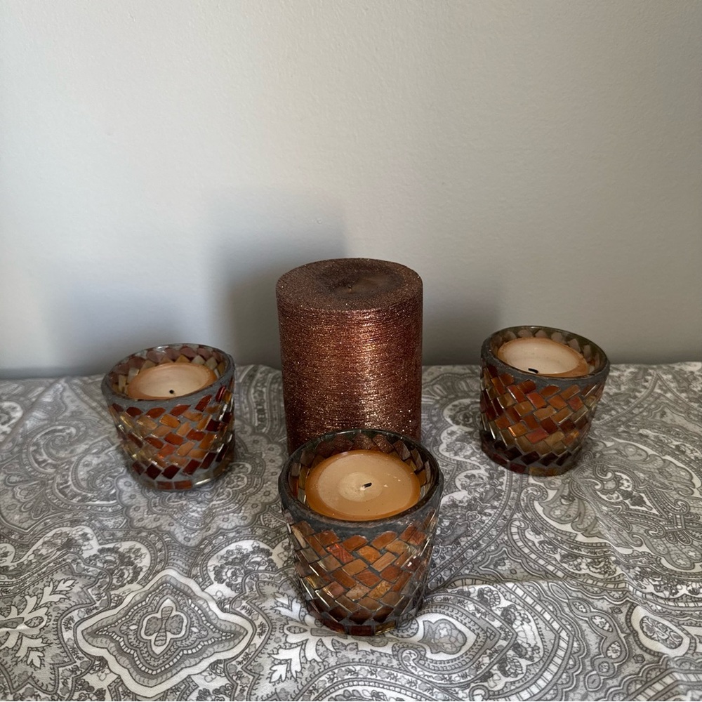 Mosaic Glass and Glitter Candle Holder Set - Brown